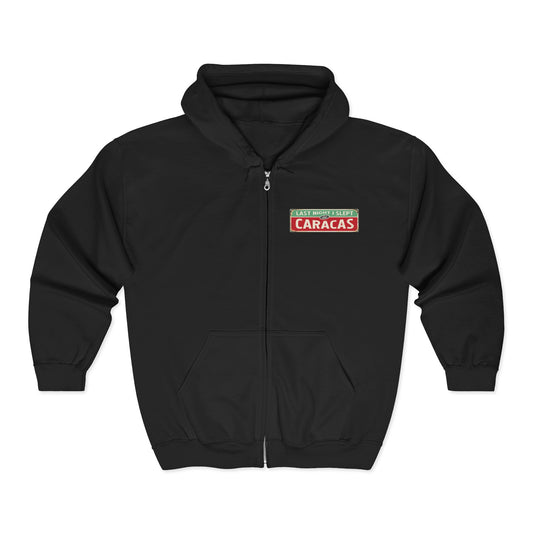 Caracas Street Sign Zip Hoodie — Chevere Logo Back