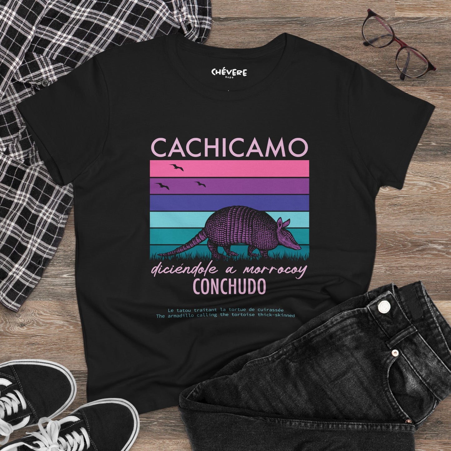 Cachicamo Vintage-Striped Armadillo Tee — 'Cachicamo Conchudo' Graphic T-Shirt