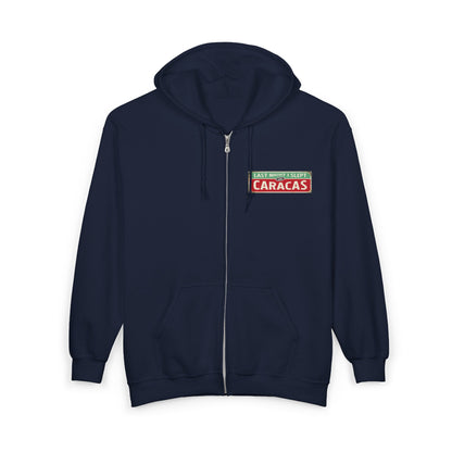 Caracas Street Sign Zip Hoodie — Chevere Logo Back