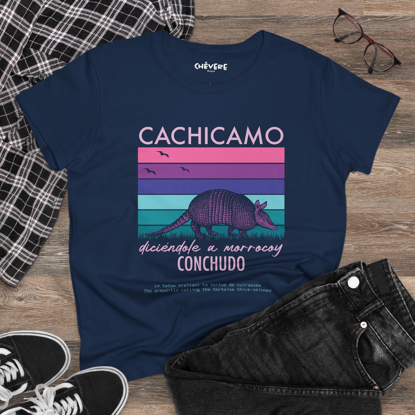 Cachicamo Vintage-Striped Armadillo Tee — 'Cachicamo Conchudo' Graphic T-Shirt