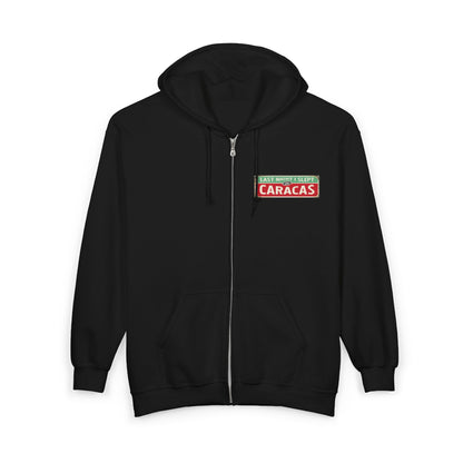 Caracas Street Sign Zip Hoodie — Chevere Logo Back